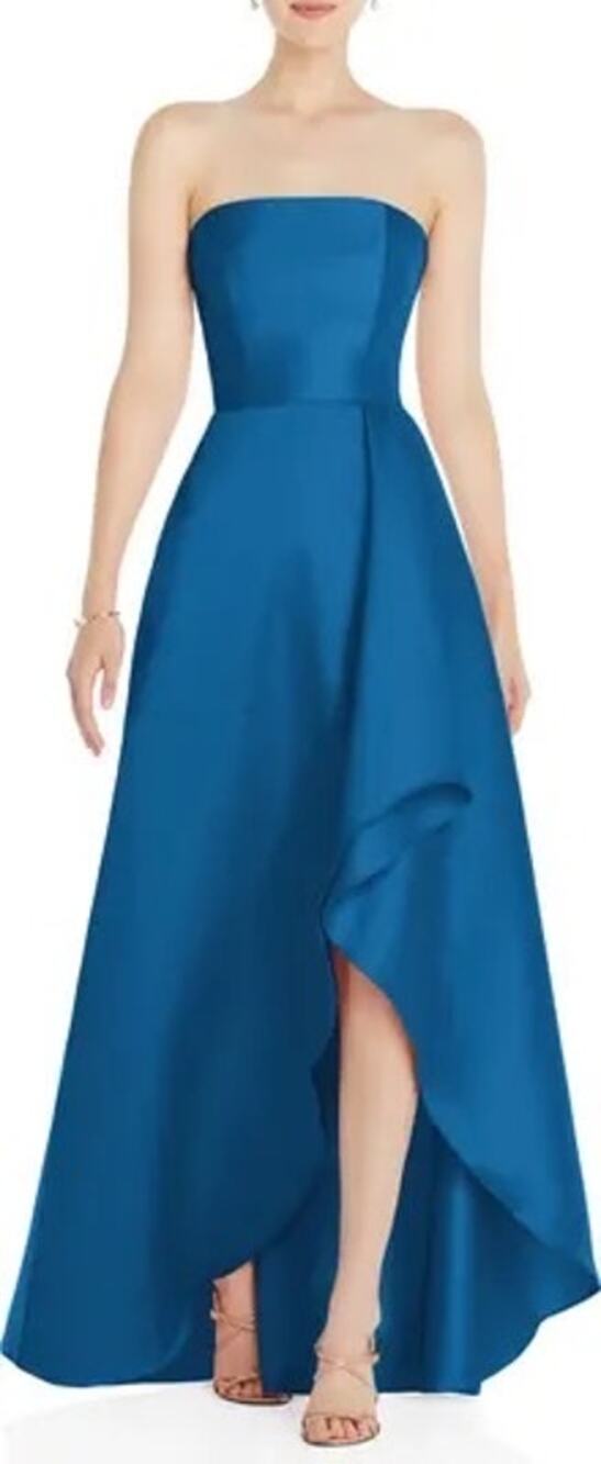 Alfred Sung Blue Strapless Satin High-Low Cocktail Prom Evening Gown Size 6